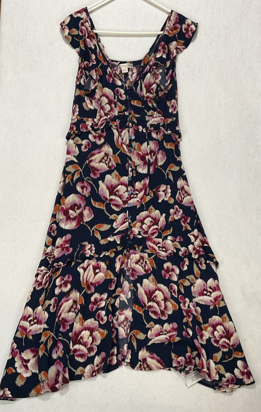 Band of Gypsies Floral Flutter Sleeve Midi Dress V Neck Ruffles Boho Cottage Med
